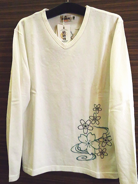 桜Vネック長袖Tシャツ(白)